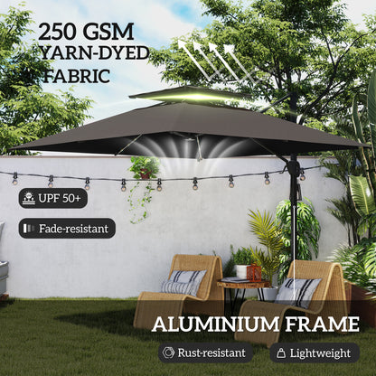 Outsunny 3.5x3 m Garden Cantilever Parasol with Solar LED Lights and Centre Light, Aluminium Large Square Patio Umbrella, UPF50+ Hanging Sun Shade with Cross Base