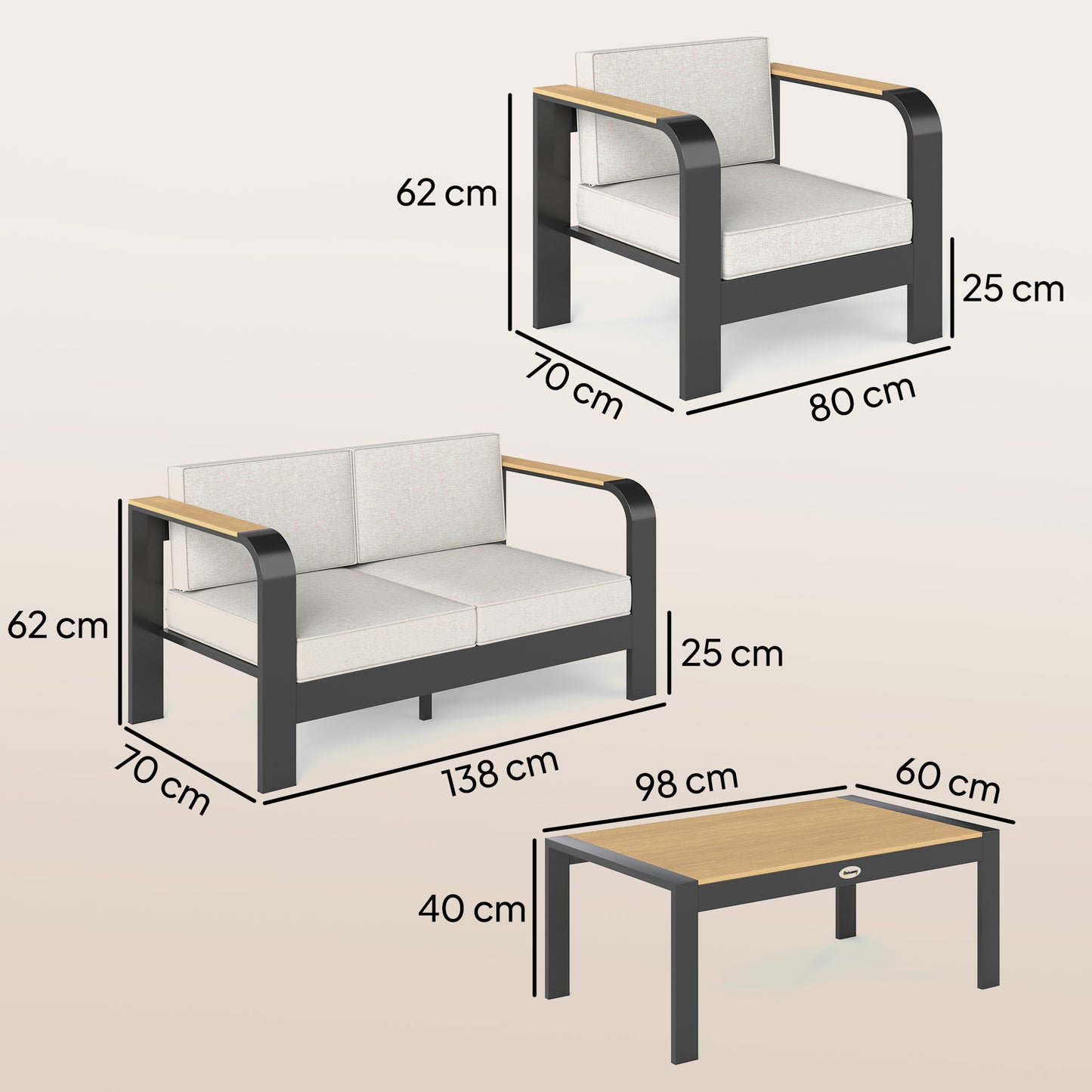 4-Piece 4-Seater Aluminium Garden Sofa Set | 68cm Deep Seats | 200GSM Olefin Cushions | WPC Armrests & Table | 240kg | Beige