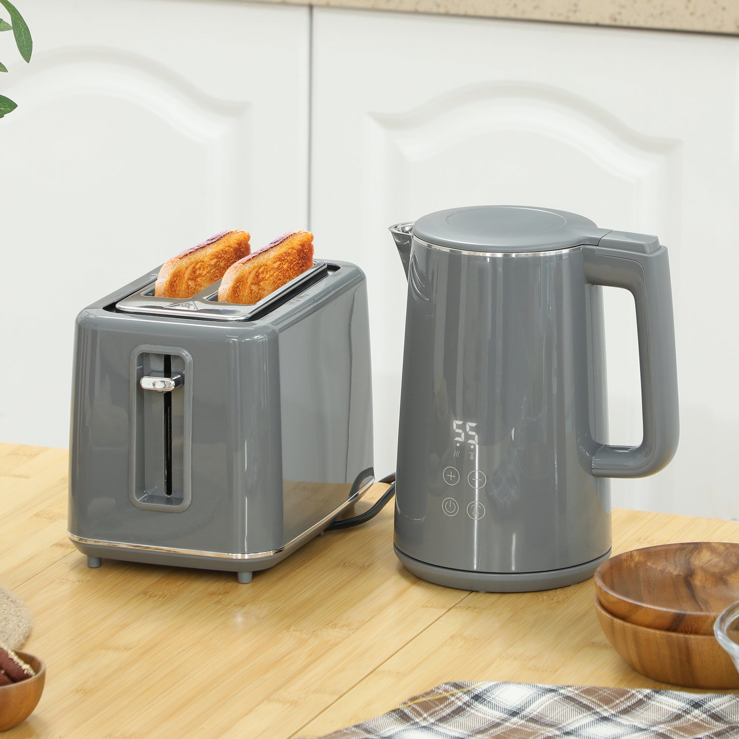 Digital Kettle and Toaster Set, 1.5L 3000W Fast Boil Kettle, 2 Slice Toaster Kitchen Set with 7 Level Browning Controls, Defrost, Reheat, Keep Warm,  and LED Touch Display