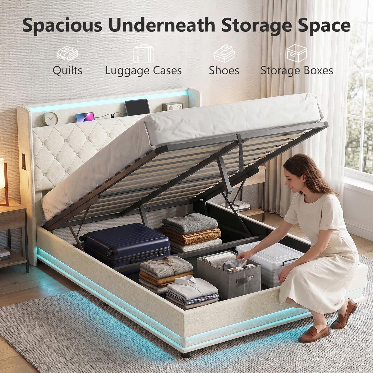 4ft6 Double Ottoman Bed Frame | Hydraulic Storage, RGB LED Headboard Lights & USB Charging | Cream White or Black