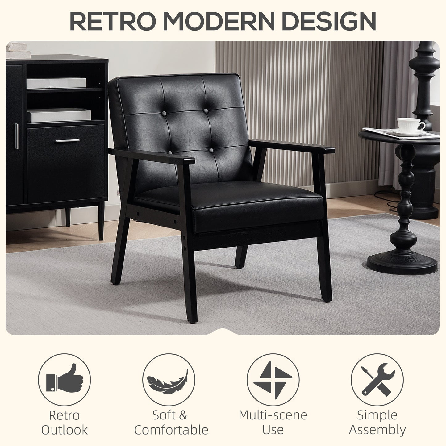 Vintage Retro Style Accent Chair, with Faux Leather Seat - Black