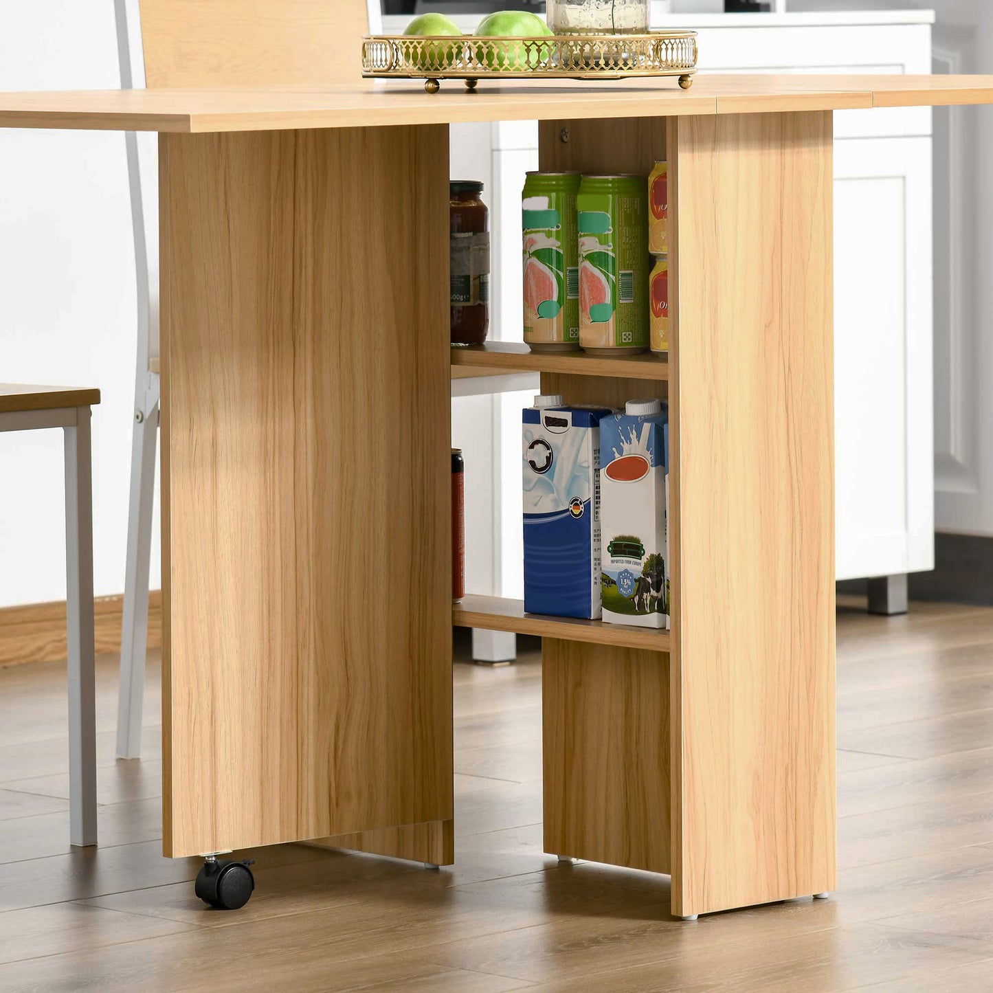 Retro Style Folding Dining Table, Drop Leaf Table for Small Spaces, Foldable Rectangular Tabletop with Storage Shelves for Kitchen, Dining Room, Teak
