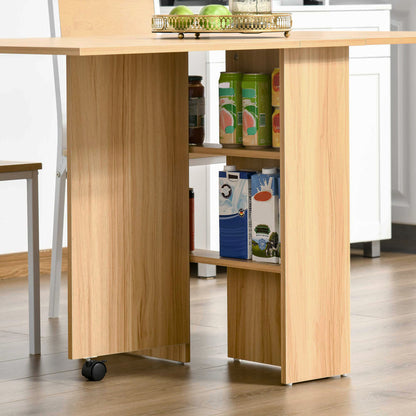 Retro Style Folding Dining Table, Drop Leaf Table for Small Spaces, Foldable Rectangular Tabletop with Storage Shelves for Kitchen, Dining Room, Teak