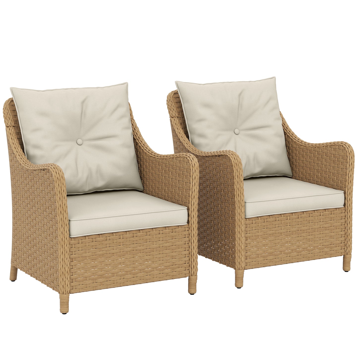 Outsunny Rattan Garden Chairs Set of 2, Outdoor Rattan Chairs with Cushions, Armrests and High Back, PE Wicker Garden Armchair with Steel Frame for Balcony, Porch
