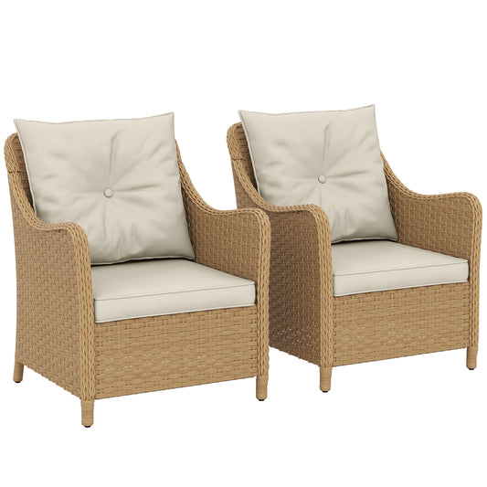 Outsunny Rattan Garden Chairs Set of 2, Outdoor Rattan Chairs with Cushions, Armrests and High Back, PE Wicker Garden Armchair with Steel Frame for Balcony, Porch