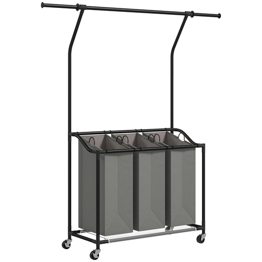 26L Laundry Sorter, Rolling Wash Basket with Hanging Rail and Mobile 3-Bag Organiser for Bedroom, Bathroom, Laundry Room, 88-149.5L x 40W x 167H cm