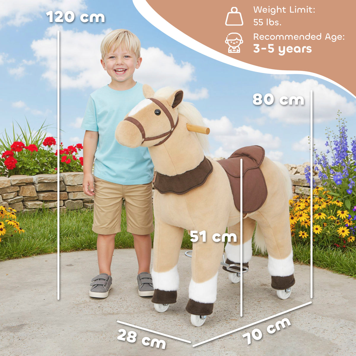 Plush Rocking Horse Ride On Pony | Rolling Wheels | Soft Saddle | No Batteries | Ages 3–5 | 25kg | Brown