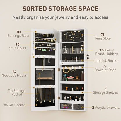 108 x 37cm Lockable Jewellery Cabinet, with LED Lights - White Surface and Black Lining