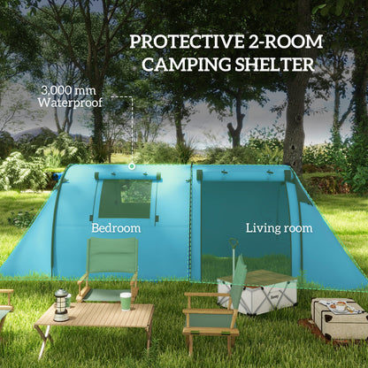 Outsunny 3000mm Waterproof Camping Tent, 3-4 Man Family Tent with Bedroom and Living Room, Portable with Bag, Sky Blue