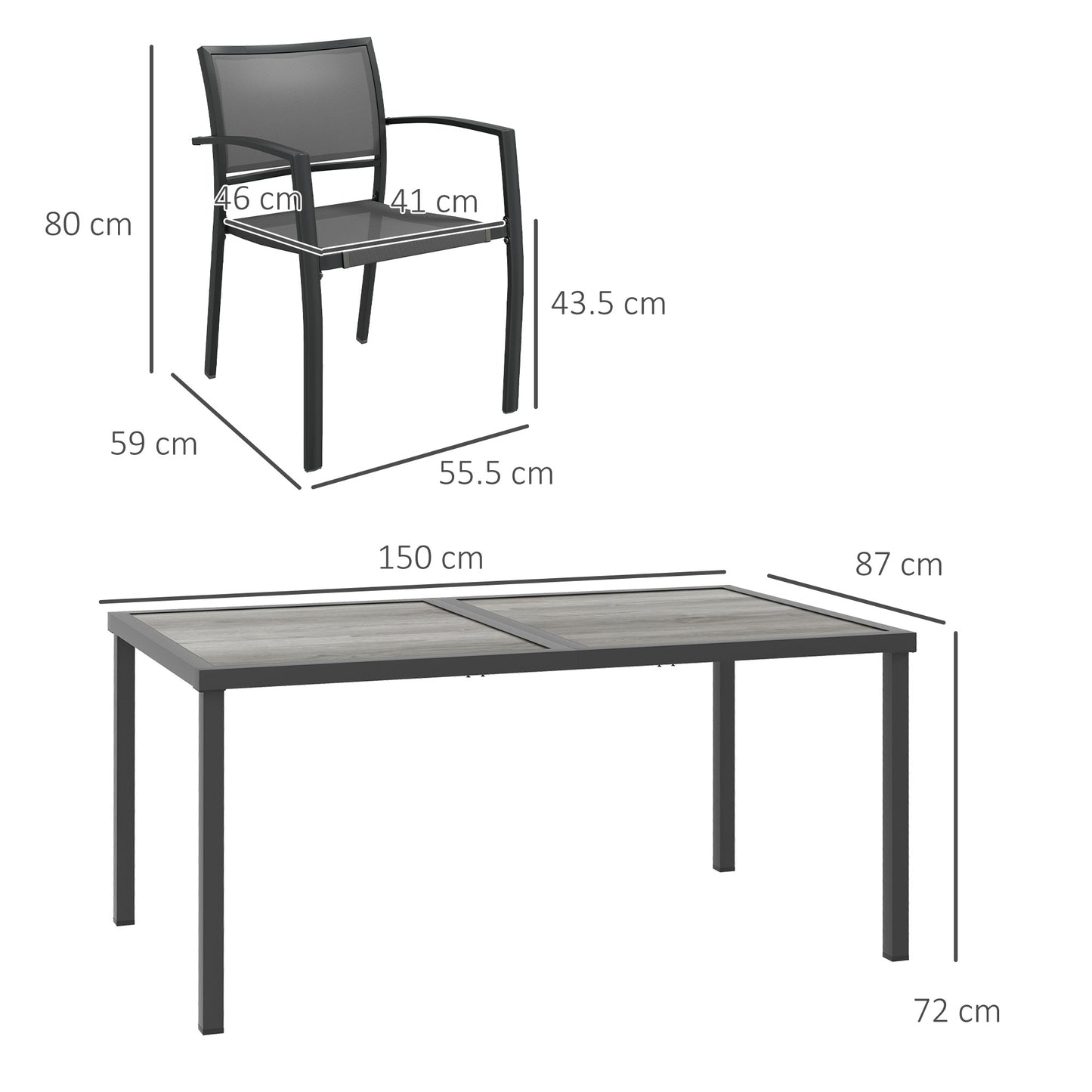 5-Piece Garden Dining Set | 150cm Wood-Effect Table | 4 Stackable Mesh Armchairs | Powder-Coated Steel | 120kg Per Chair | Rustic Design | 150 x 87 x 72cm | Grey