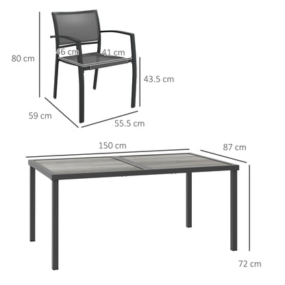 5-Piece Garden Dining Set | 150cm Wood-Effect Table | 4 Stackable Mesh Armchairs | Powder-Coated Steel | 120kg Per Chair | Rustic Design | 150 x 87 x 72cm | Grey