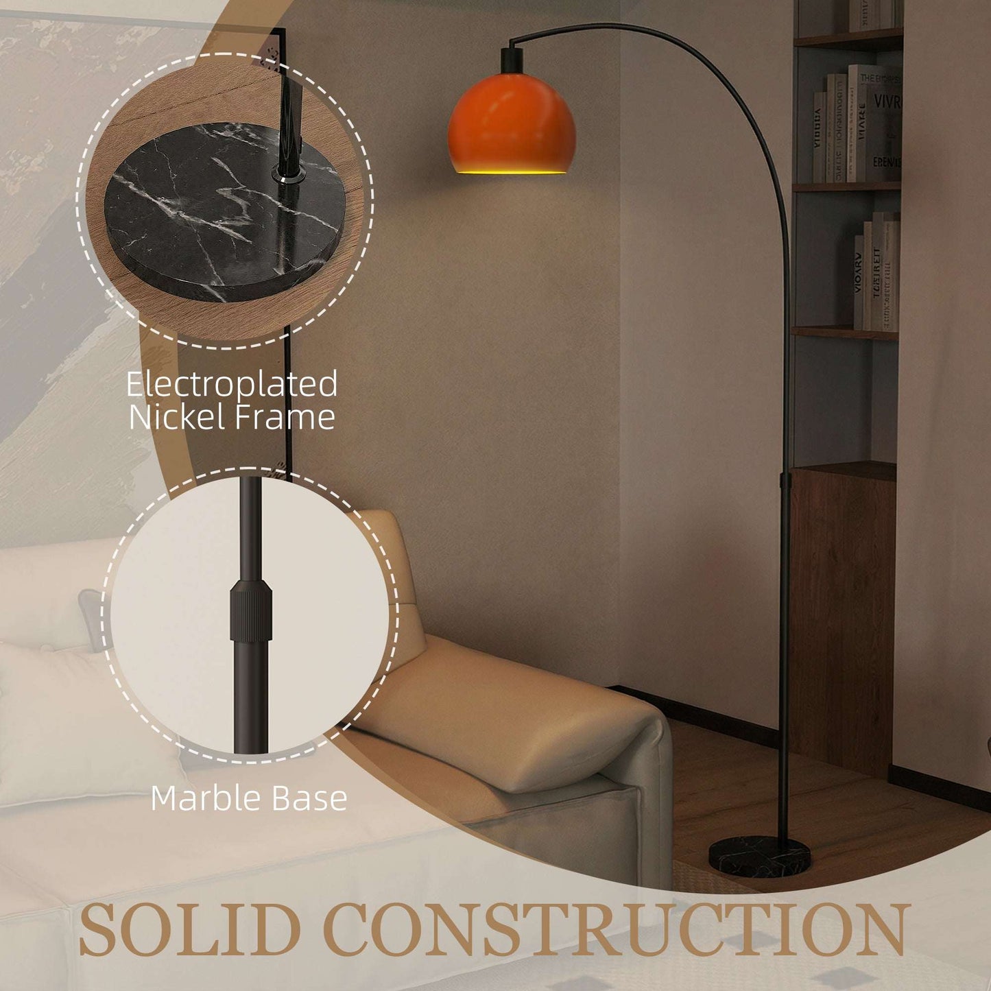 Modern Floor Lamp | Marble Base | Curved Head | Round Shade | Foot Switch | E27 | LED Compatible | 180cm | Black