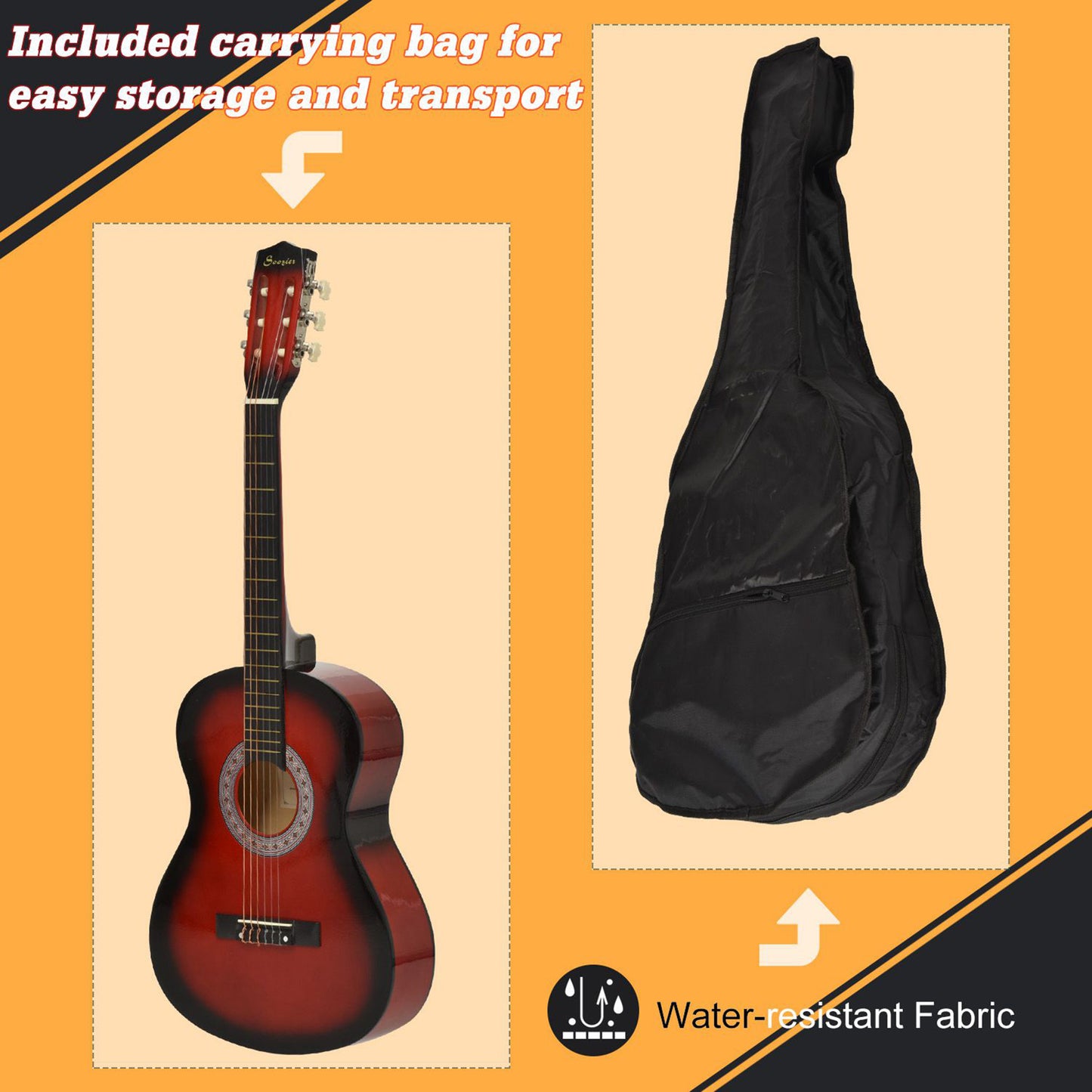 36" 3/4 Beginner Acoustic Guitar Set, with Protective Case, Red