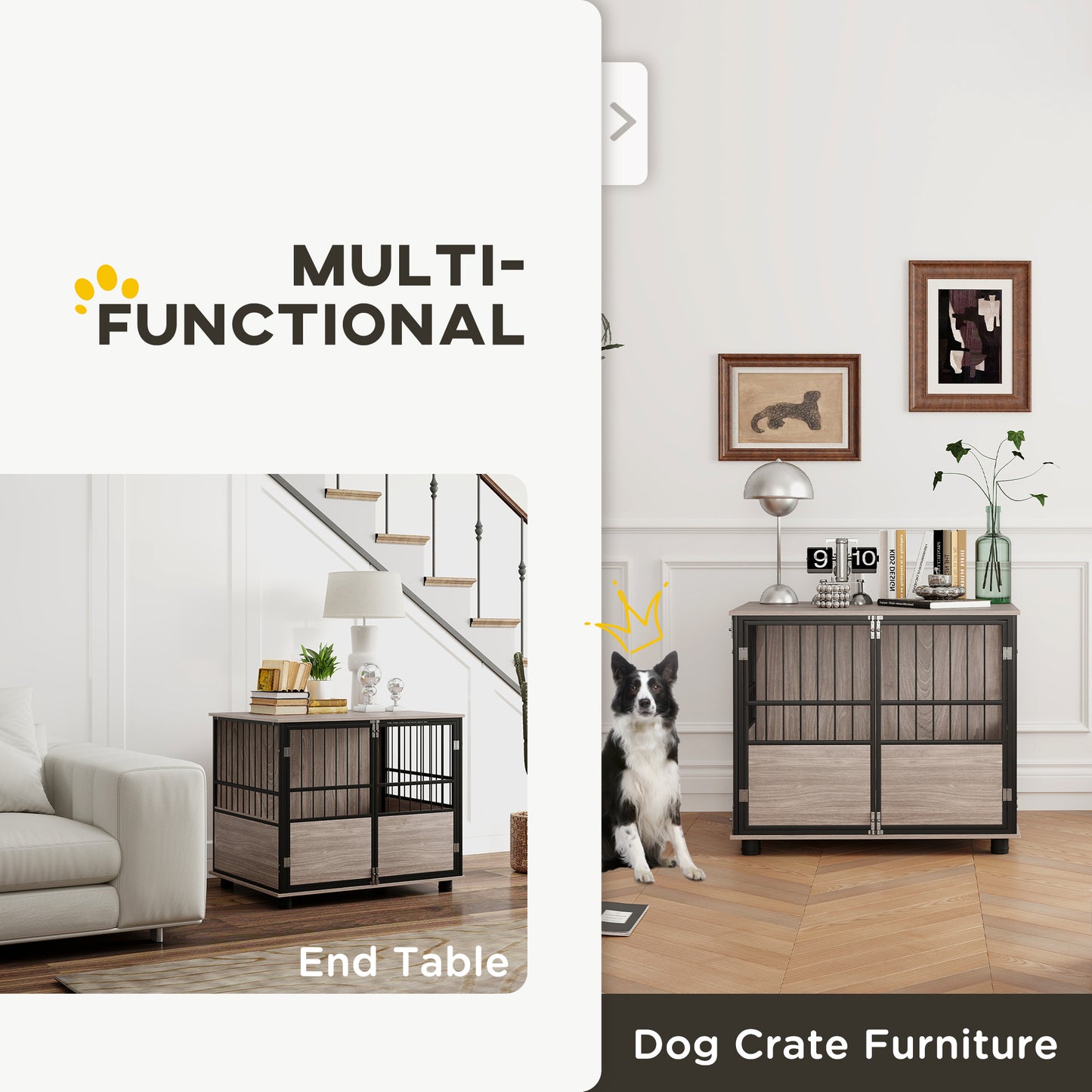 Dog Crate Furniture Side Table | 3 Doors | Washable Cushion | Steel Bar Ventilation | Dogs up to 20kg | 80 x 60 x 68cm | Walnut & Black