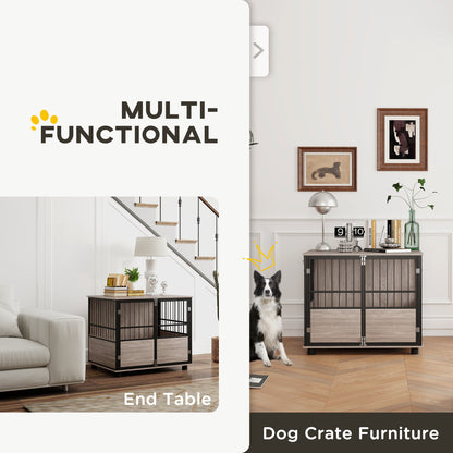 Dog Crate Furniture Side Table | 3 Doors | Washable Cushion | Steel Bar Ventilation | Dogs up to 20kg | 80 x 60 x 68cm | Walnut & Black