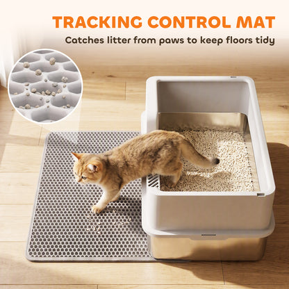 XL Cat Litter Tray | 201 Stainless Steel Pan | Semi-Enclosed PP Lid | High Sides & Sealed Seams | 30L | Cats up to 8kg | 60x40cm Litter Mat | Scoop Brush & Hook | 60x40x30cm | Inner 56x36x15cm | Light Grey