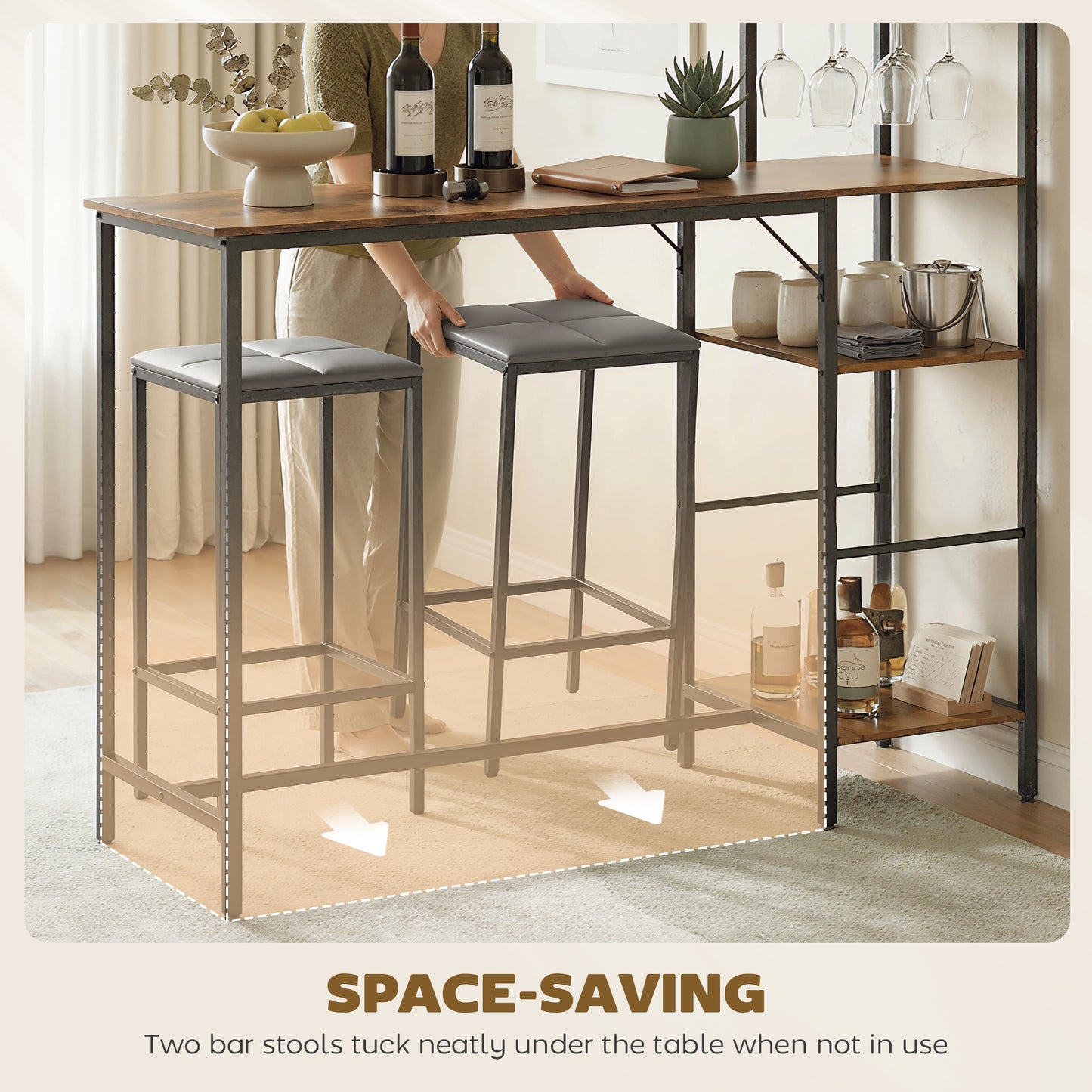 3-Piece Breakfast Bar Table & Stools Set | 4-Tier Shelving | Wine Glass Racks | Faux Leather Stools | Footrests | Rustic Brown