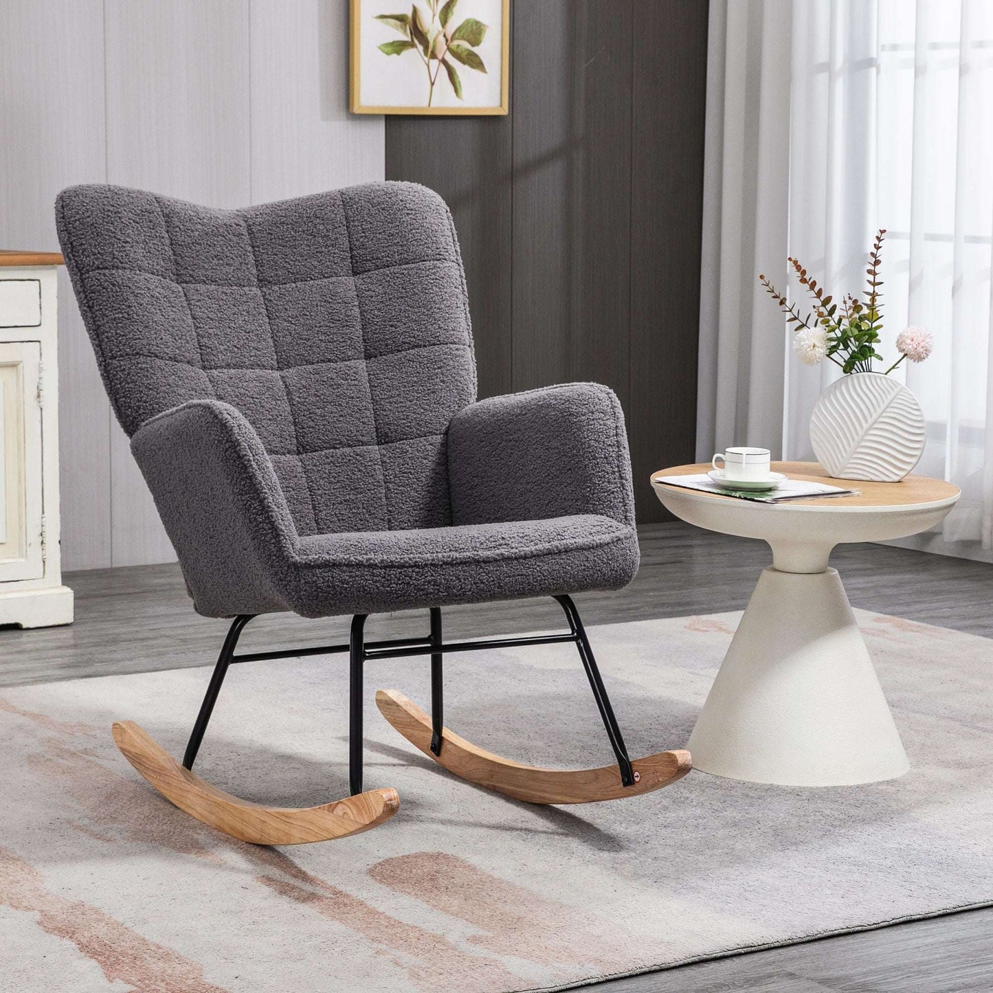 Wingback Rocking Chair & 2 Nesting Coffee Tables Set | Soft Fleecy Upholstery | High Back | Wooden Rocking Base | Scandi-Style Legs | MDF Tabletops | 120kg Capacity | White & Dark Grey