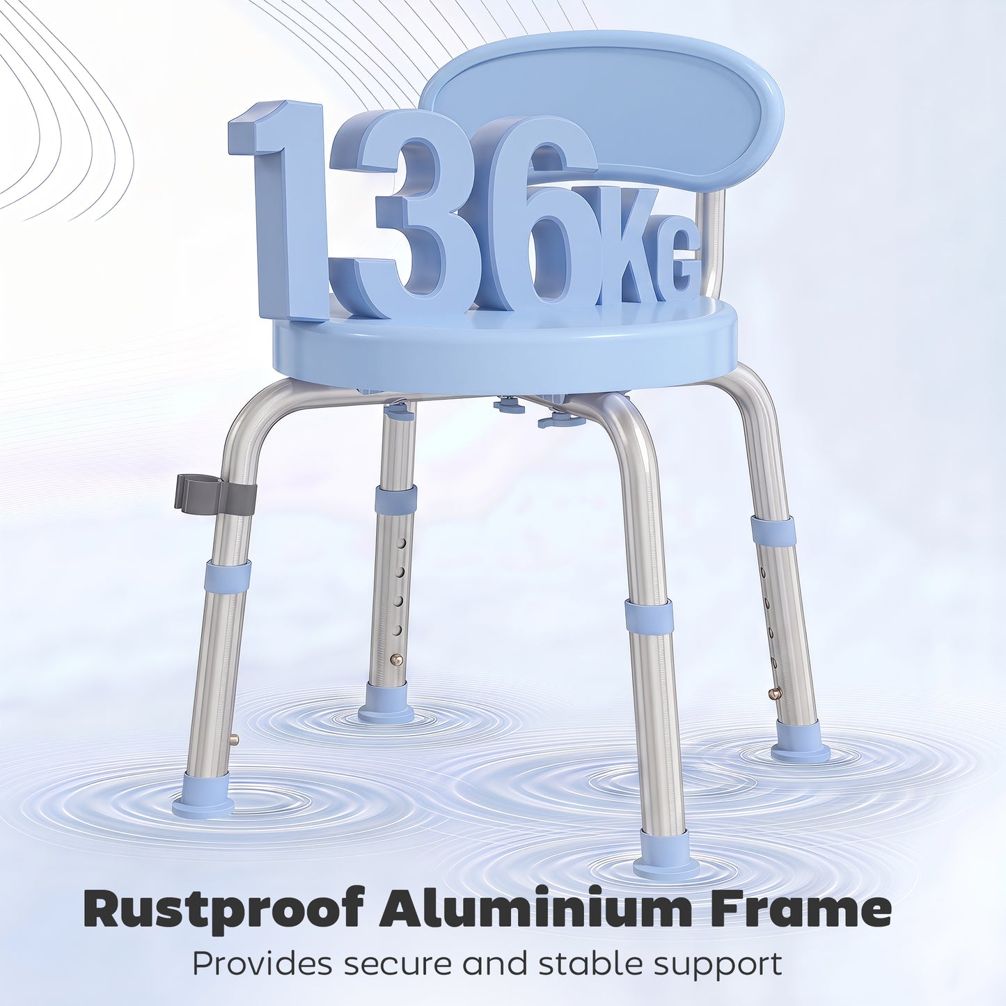 360° Swivel Shower Stool | Aluminium Frame | 5-Level Adjustable Height 63–75cm | Backrest | Non-Slip | 136kg | Shower Head Holder | Light Blue