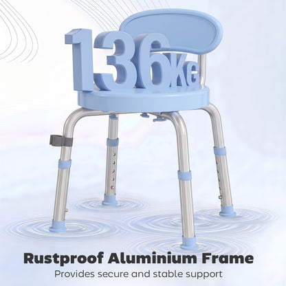 360° Swivel Shower Stool | Aluminium Frame | 5-Level Adjustable Height 63–75cm | Backrest | Non-Slip | 136kg | Shower Head Holder | Light Blue