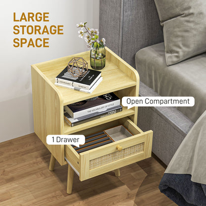 Bedside Table Set of 2, Boho Nightstand with Drawer, Storage Compartment, Natural Wood Finish