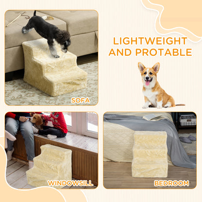 PawHut Three-Step Dog Stairs Steps  with Washable Plush Cover, for High Bed Sofa, Dog Stairs for Small Dog and Cat - Beige