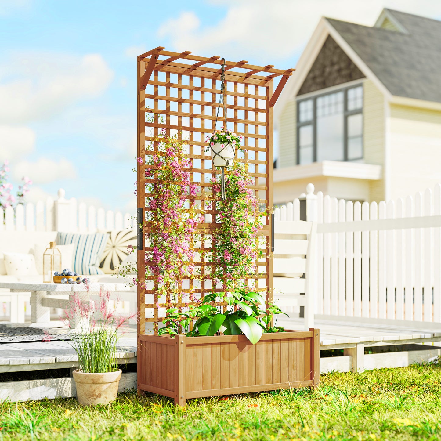 Raised Bed with Drainage Holes, Wood Planter with Trellis for Climbing Plants to Grow Vegetables, Flowers, Yellow