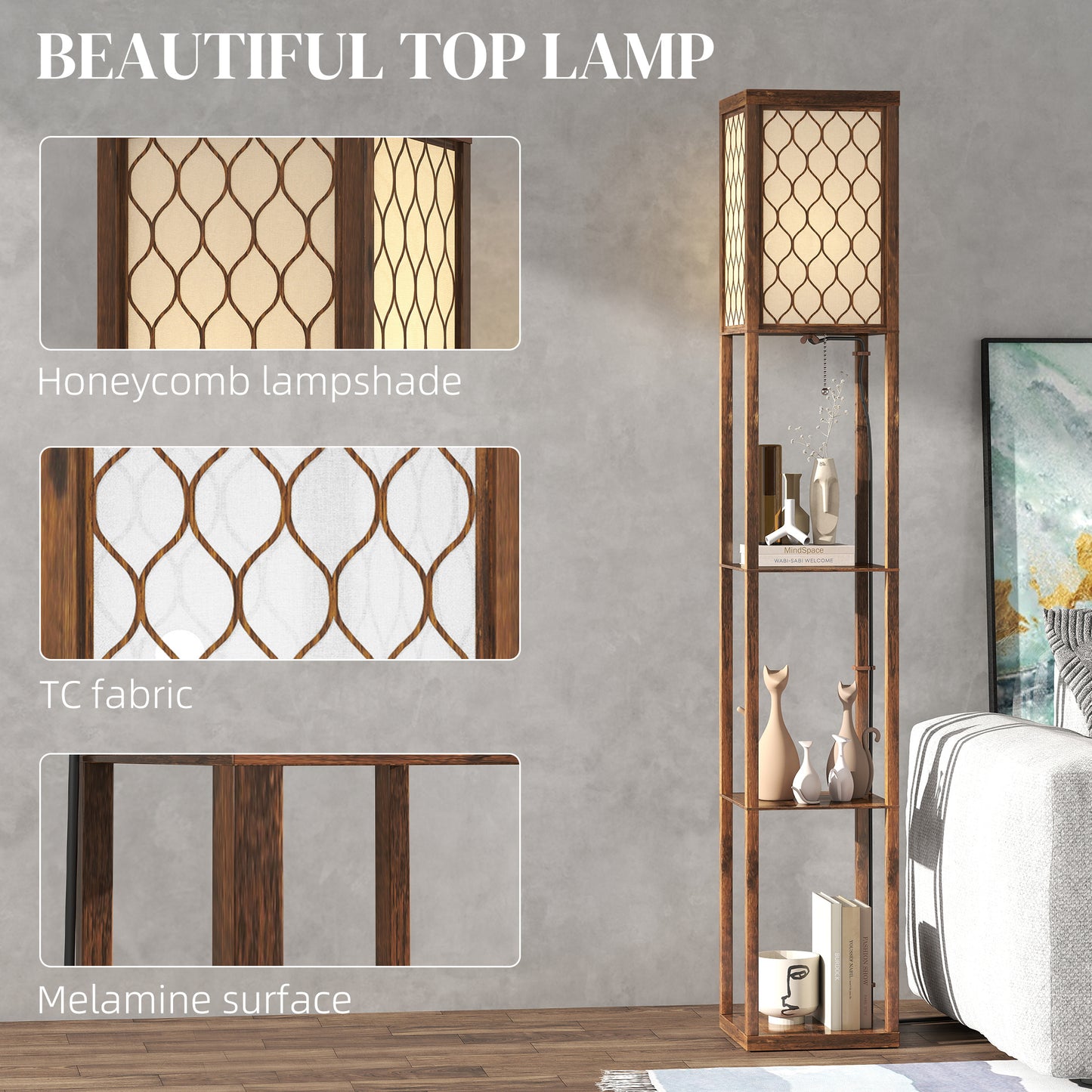 Three-Shelf Standing Lamp - Rustic Brown/White