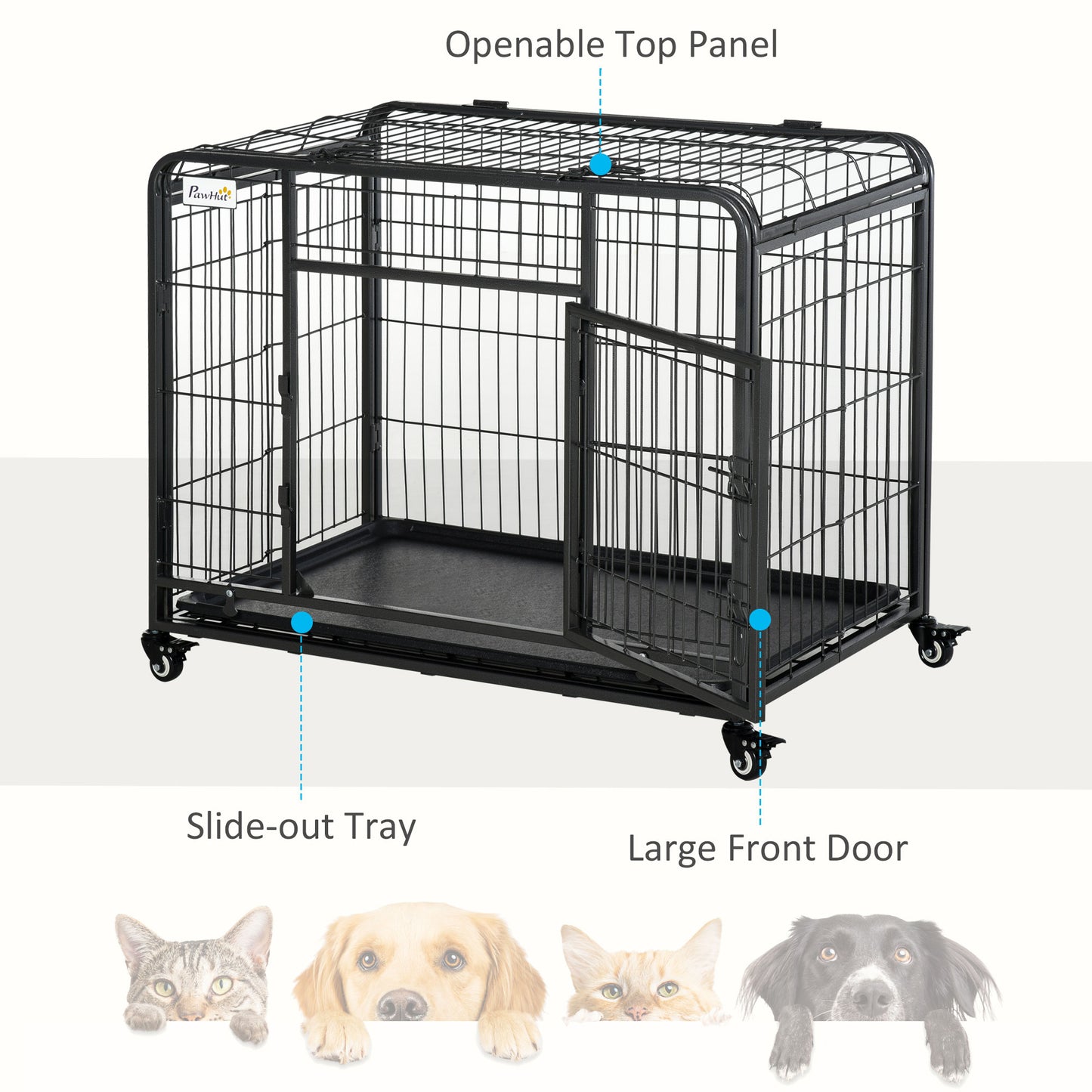 Dog Cage on Locking Wheels | Double-Latch Door | Openable Top | Removable Tray | Foldable | Medium Dogs up to 20kg | 94 x 58 x 76.5cm | Dark Grey