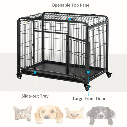 Dog Cage on Locking Wheels | Double-Latch Door | Openable Top | Removable Tray | Foldable | Medium Dogs up to 20kg | 94 x 58 x 76.5cm | Dark Grey