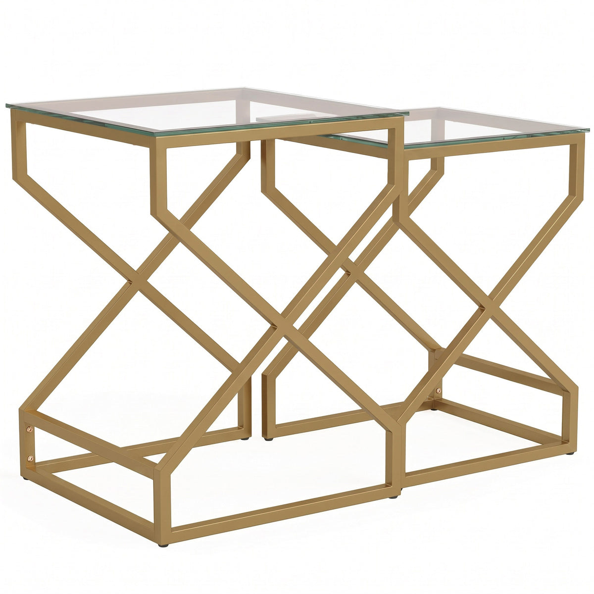 Nest of 2 Tables | Tempered Glass Tops | Gold-Tone Steel Tube Frame | Nesting Design | Adjustable Foot Pads | Large 40x40x55cm Small 35x35x50cm | 20kg Capacity | Transparent & Gold