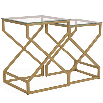 Nest of 2 Tables | Tempered Glass Tops | Gold-Tone Steel Tube Frame | Nesting Design | Adjustable Foot Pads | Large 40x40x55cm Small 35x35x50cm | 20kg Capacity | Transparent & Gold