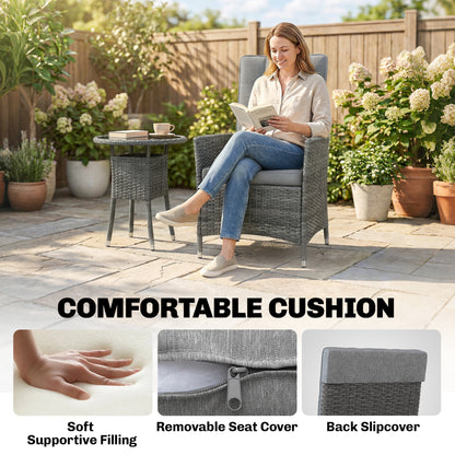 Rattan Bistro Set | 2 Reclining Chairs | Gas Lift 105°-150° | Glass Table | Washable Cushions | Grey