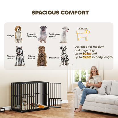 Heavy Duty Dog Crate with Wheels | 3-Door Access | Removable Tray | Top Playpen Opening | Medium & Large Dogs up to 30kg | Black