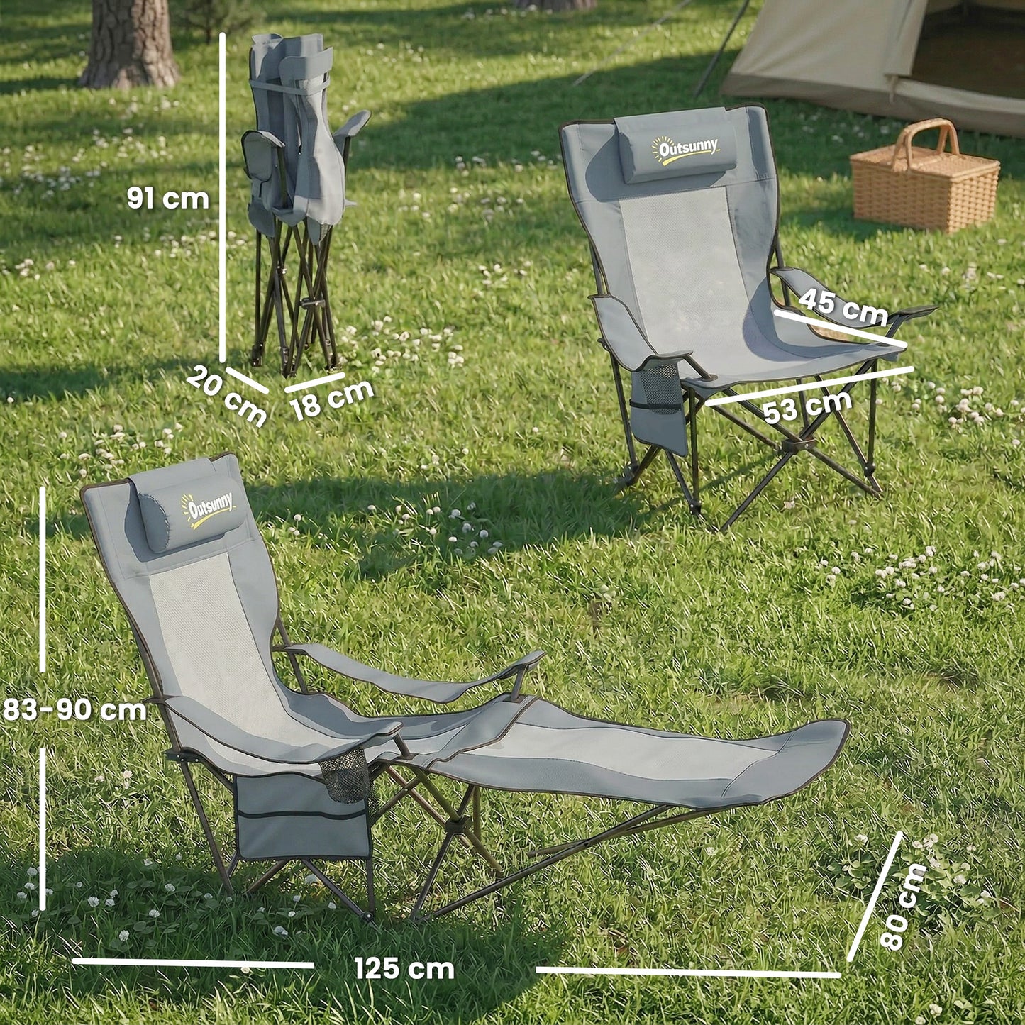 Reclining Camping Chair | Set of 2 | 4-Position Backrest | Detachable Footrest | Cup Holder | Breathable Mesh | 120kg | Grey