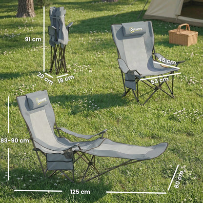 Reclining Camping Chair | Set of 2 | 4-Position Backrest | Detachable Footrest | Cup Holder | Breathable Mesh | 120kg | Grey