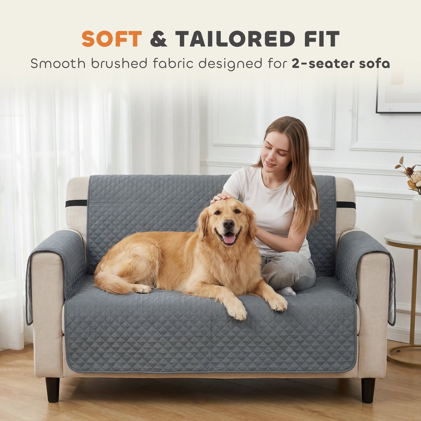 Waterproof 2-Seater Sofa Cover for Dogs, Cats & Pets | Non-Slip Backing & Elastic Straps | 2 Armrest Pockets | Machine Washable | Brushed Multi-Layer Fabric | 255x177cm | Grey