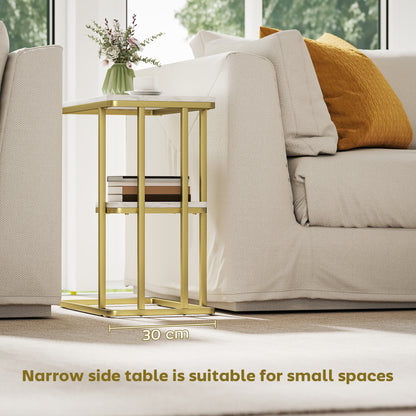 C-Shaped Narrow Side Table, 2-Tier Slim End Table, Nightstand for Small Spaces, Living Room, Bedroom, White Marble Grain