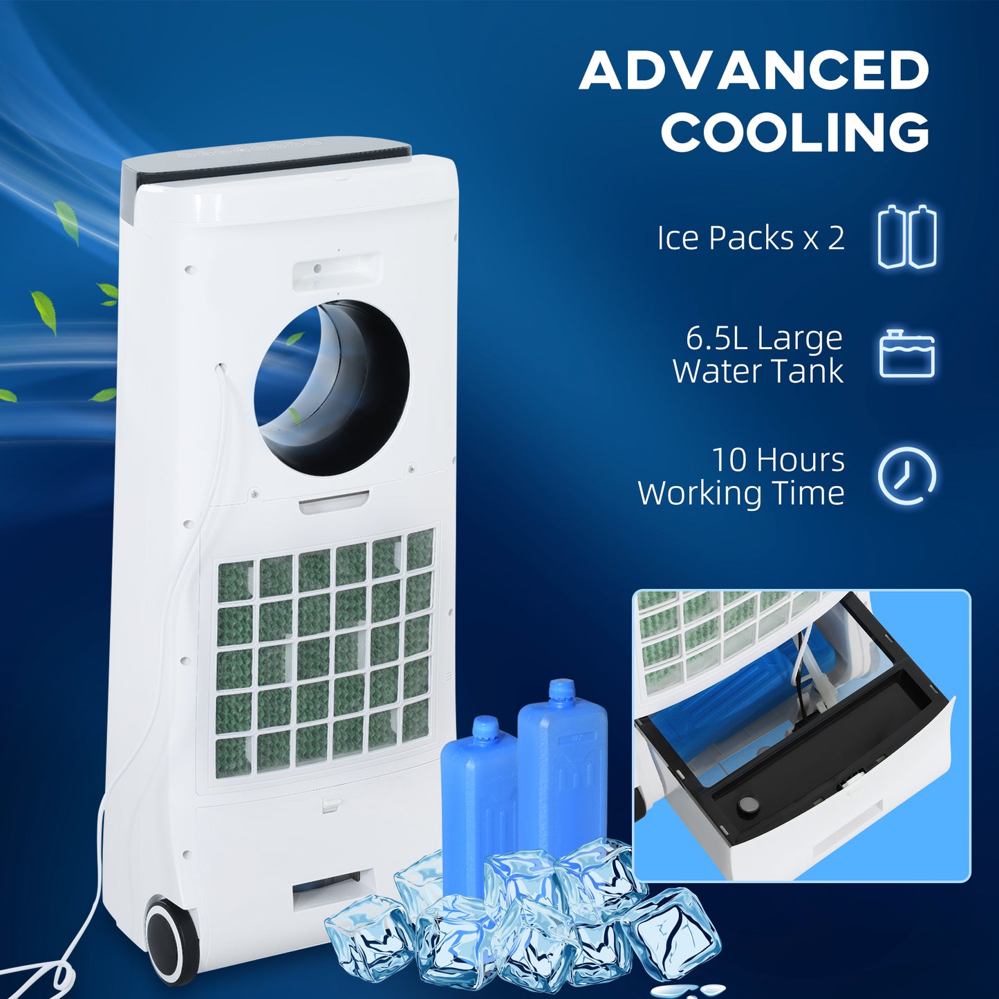 Evaporative Air Cooler, 6.5L 4-in-1 Bladeless Portable Cooler, Fan, Humidifier, Air Clean W/ Oscillation, 3 Speeds, 24H Timer, 2 Ice Packs