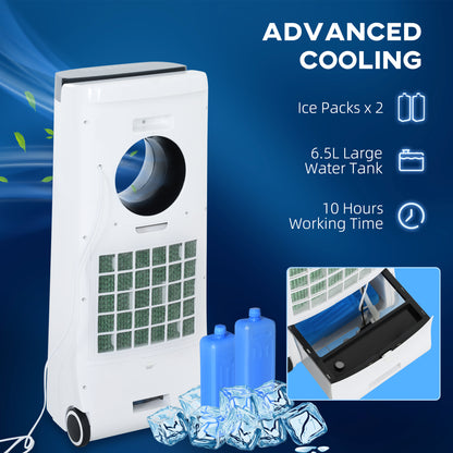 Evaporative Air Cooler, 6.5L 4-in-1 Bladeless Portable Cooler, Fan, Humidifier, Air Clean W/ Oscillation, 3 Speeds, 24H Timer, 2 Ice Packs