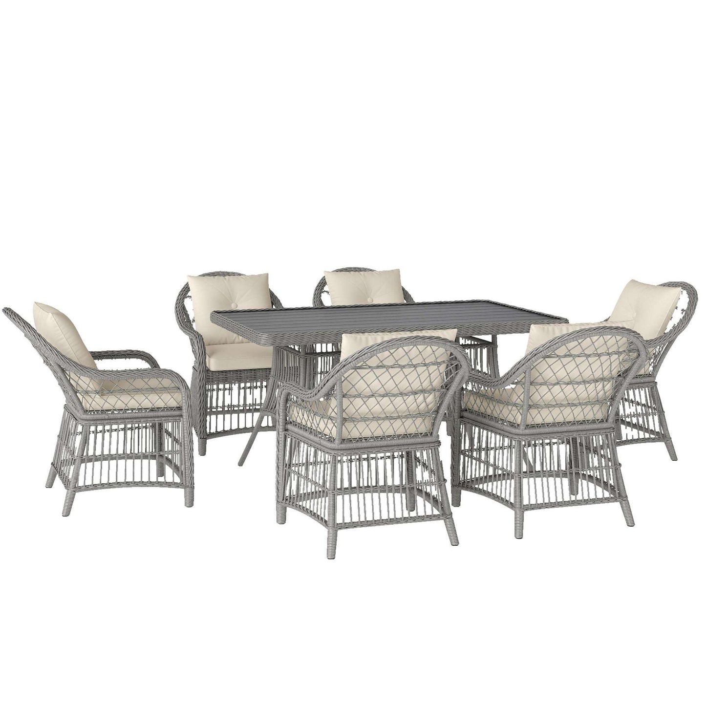 Rattan Dining Set with Seat and Back Cushions, 6 Seater Garden Furniture Set with Aluminium Frame, 6 Chairs, WPC Top Rectangle Table - Grey