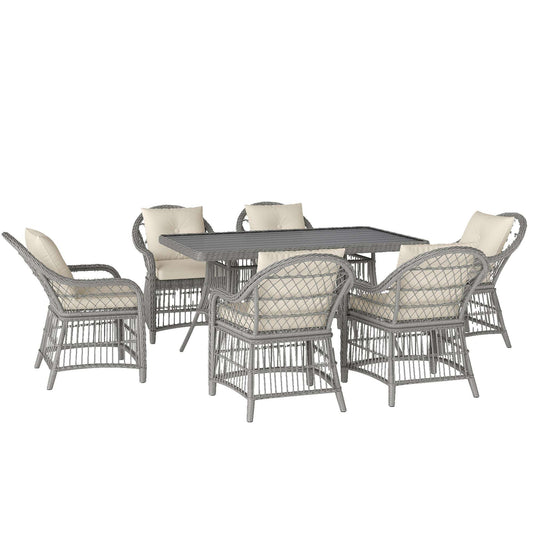 Rattan Dining Set with Seat and Back Cushions, 6 Seater Garden Furniture Set with Aluminium Frame, 6 Chairs, WPC Top Rectangle Table - Grey