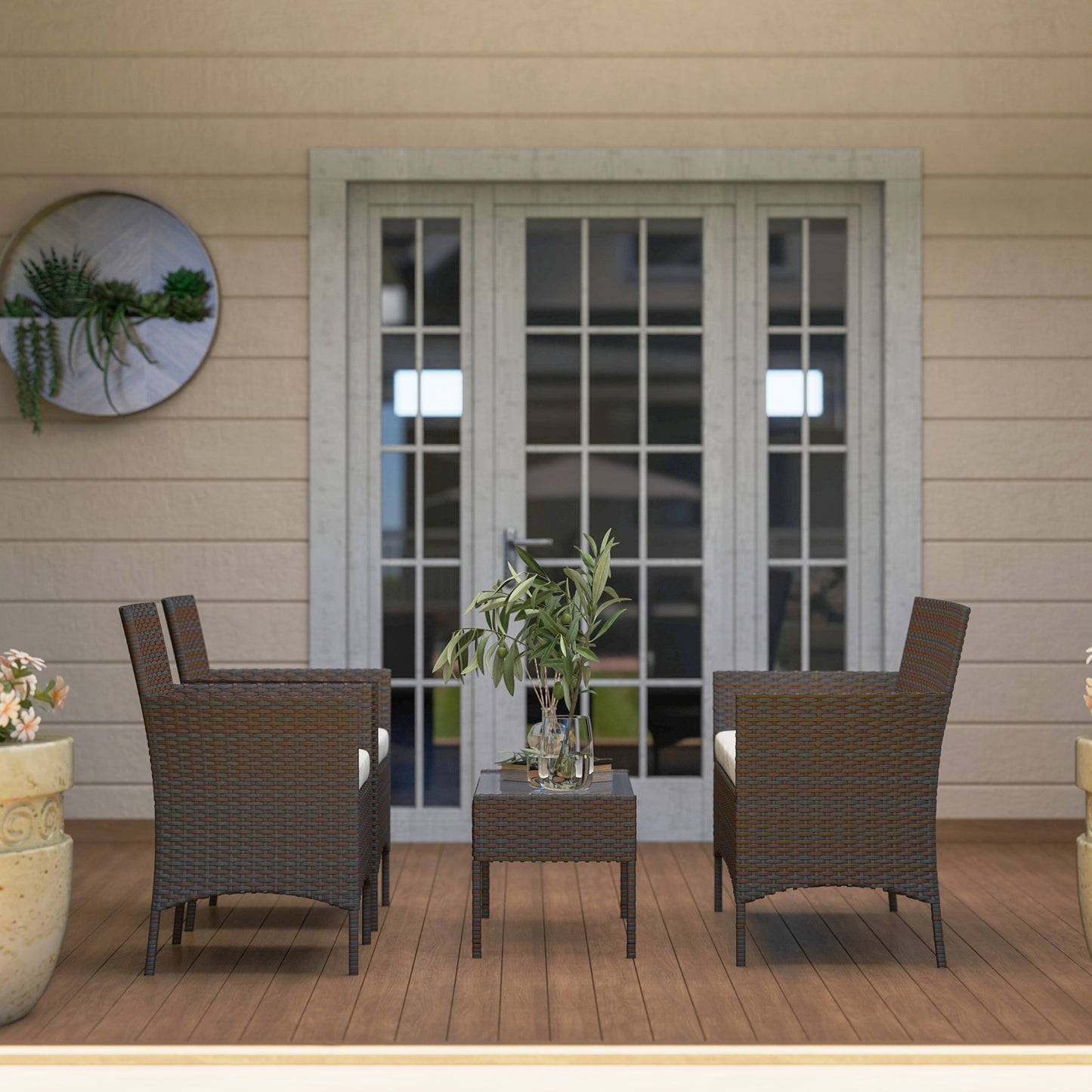 4-Piece PE Rattan Garden Sofa Set | Loveseat | 2 Armchairs | Tempered Glass Coffee Table | Powder-Coated Steel Frame | 2000h UV-Resistant PE Rattan | 5cm Zip Cushions | Protective Foot Pads | 240kg Loveseat Capacity | Brown