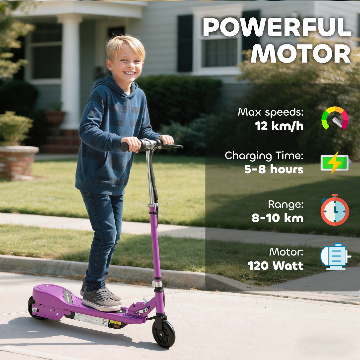 Foldable Electric Kids Scooter, Ride-on for Ages 7-14 Years, Purple