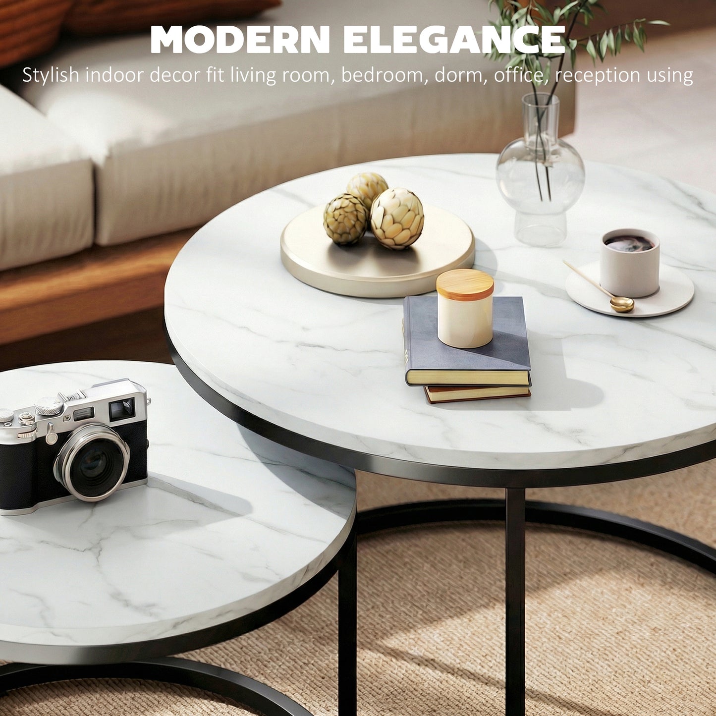 Set of 2 Round Nesting Coffee Tables | Marble-Effect MDF Top | Steel Frame | 50kg | Marble White