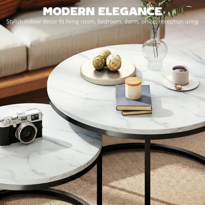 Set of 2 Round Nesting Coffee Tables | Marble-Effect MDF Top | Steel Frame | 50kg | Marble White