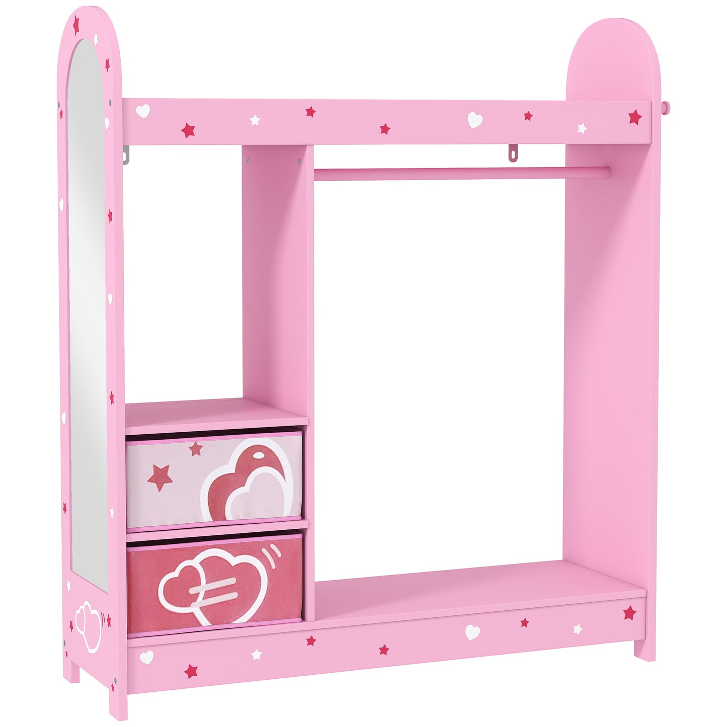 AIYAPLAY Kids Clothes Rail, Kids Wardrobe with Mirror, Shelves, Fabric Storage and Hooks for Bedroom, Nursery, Pink