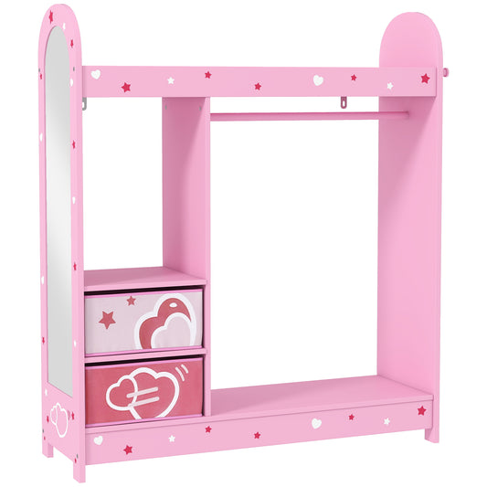 AIYAPLAY Kids Clothes Rail, Kids Wardrobe with Mirror, Shelves, Fabric Storage and Hooks for Bedroom, Nursery, Pink