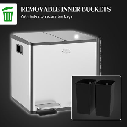 30L Dual Compartment Stainless Steel Bin, with Deodoriser Holders - Silver Tone