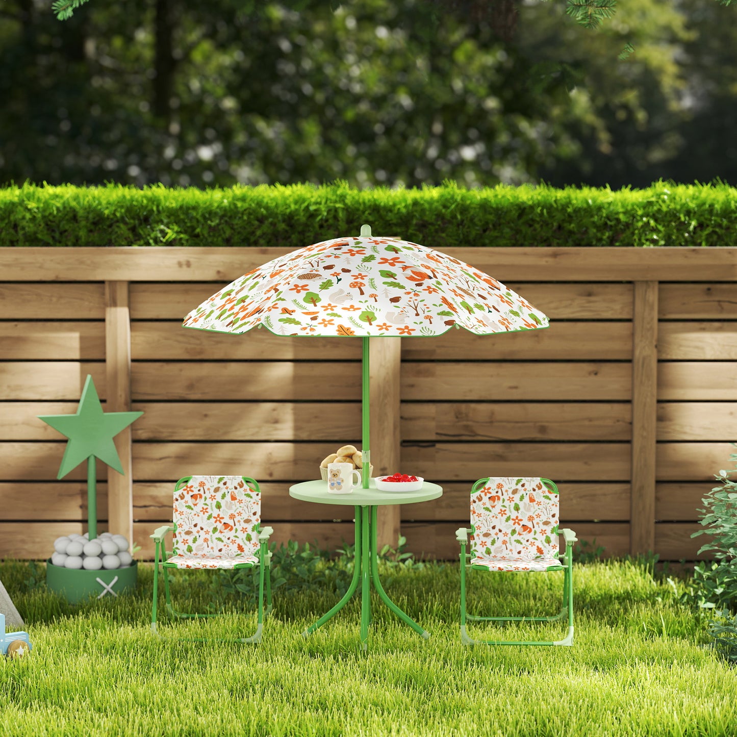 AIYAPLAY 4 Pieces Kids Garden Table and Chair Set with Adjustable Parasol, Folding Chairs, Table, Fox Pattern, Green / Pink